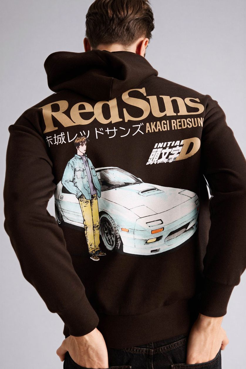 Erkek Kahve Inıtıal D Boxy Fıt Kapüşonlu Baskılı Kalın Sweatshirt Kumaşı Sweatshirt