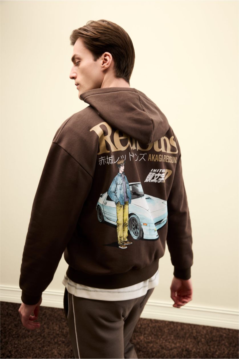 رجالي بني سويت شيرت اوفر سايز تقيل بكابيشون من Inıtıal D