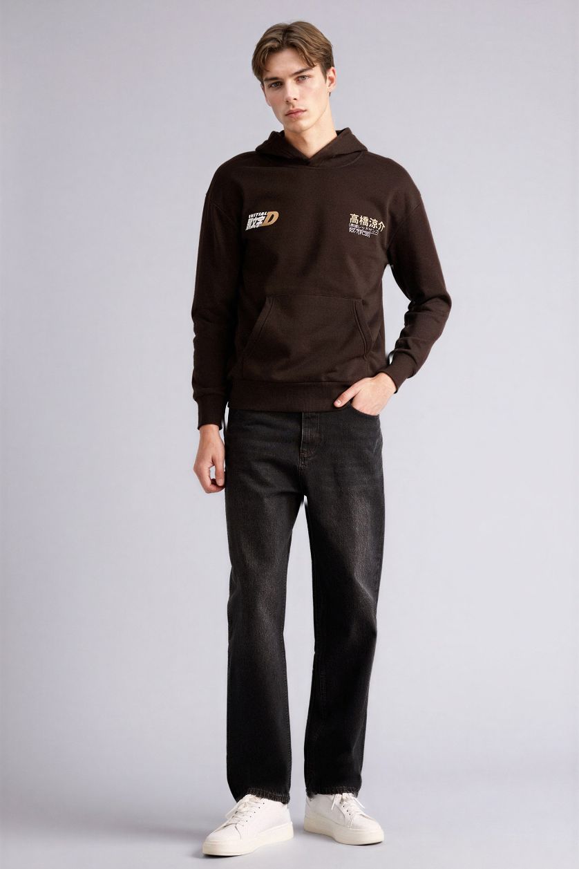 Erkek Kahve Inıtıal D Boxy Fıt Kapüşonlu Baskılı Kalın Sweatshirt Kumaşı Sweatshirt