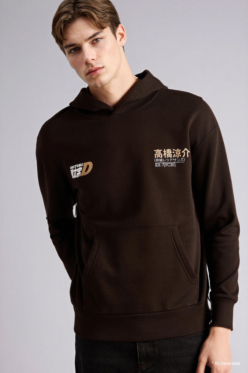 Erkek Kahve Pamuklu Kapüşonlu Baskılı Sweatshirt