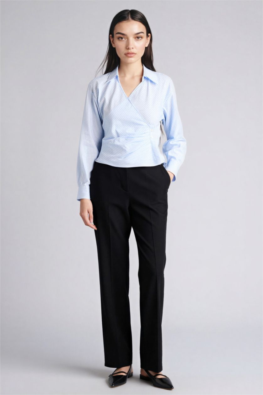 Woman Light Blue Regular Fit V-Neck Striped Long Sleeve Shirt