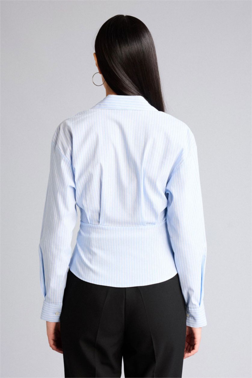 Woman Light Blue Regular Fit V-Neck Striped Long Sleeve Shirt