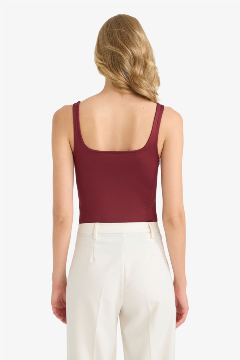 Kadın Bordo Kare Yaka Çıtçıtlı Body