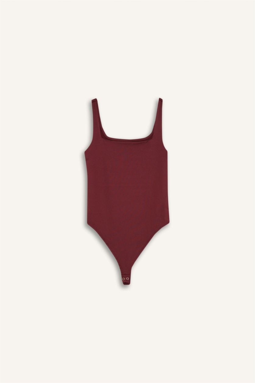 Kadın Bordo Kare Yaka Çıtçıtlı Body