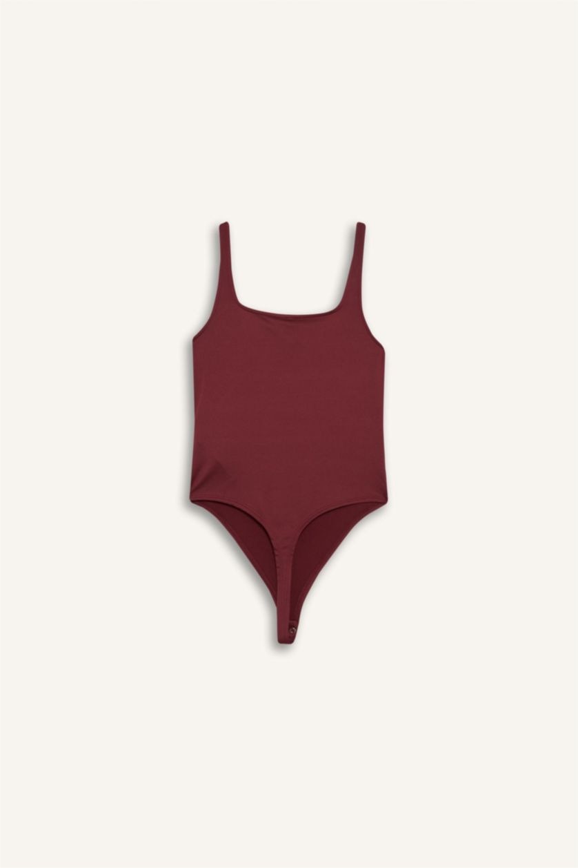 Kadın Bordo Kare Yaka Çıtçıtlı Body