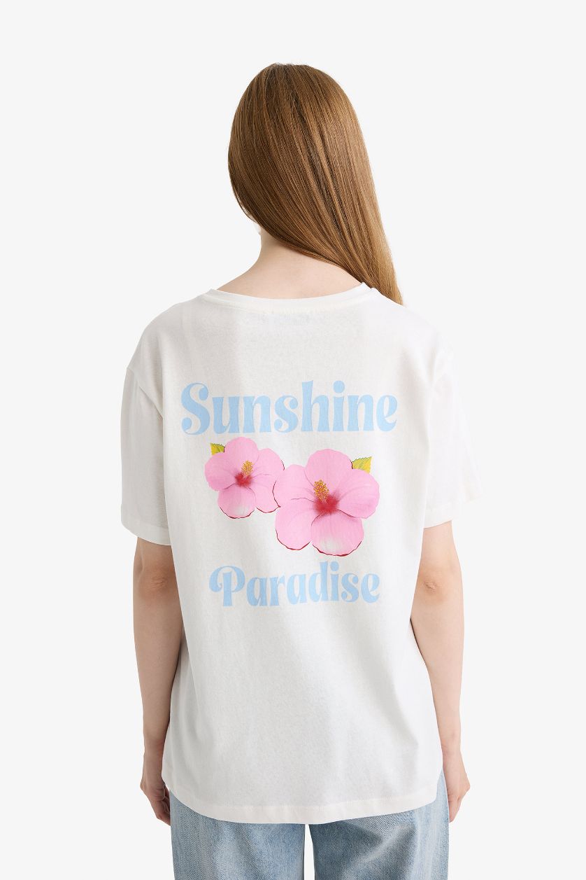 Woman Ecru Regular Fit Crew Neck Floral Short Sleeve T-Shirt