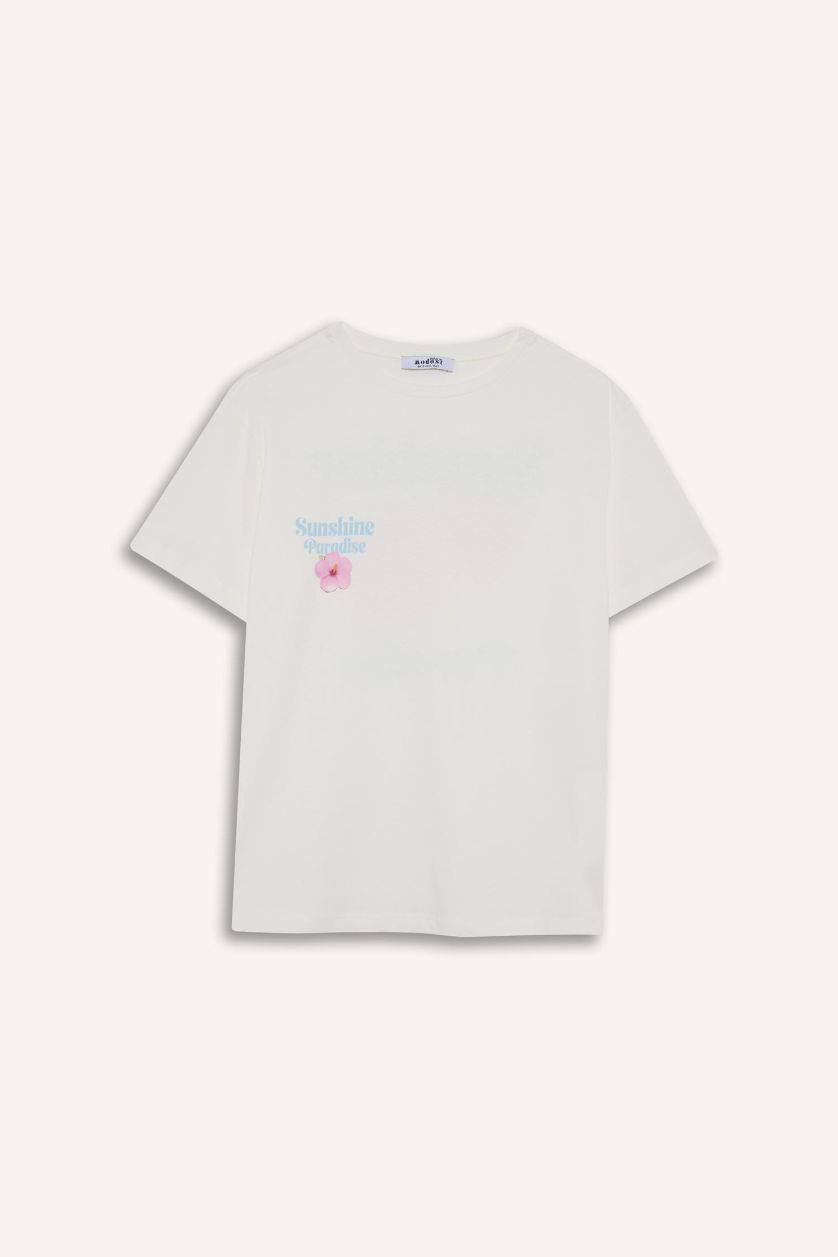 Woman Ecru Regular Fit Crew Neck Floral Short Sleeve T-Shirt