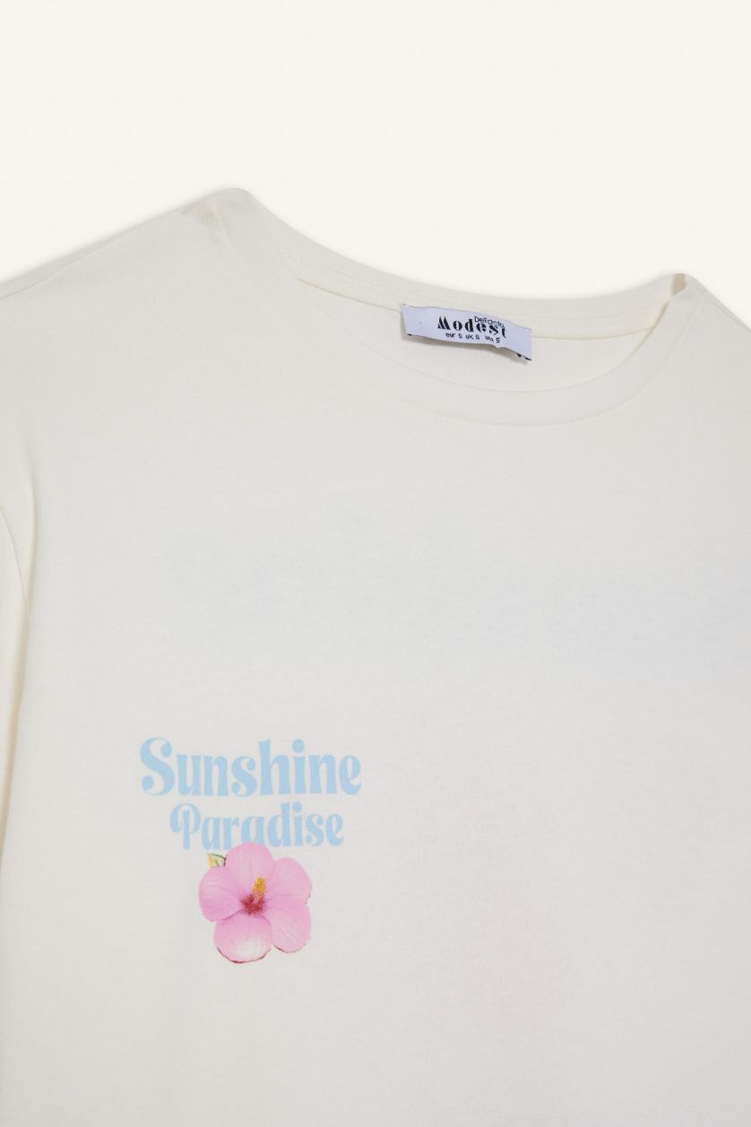 Woman Ecru Regular Fit Crew Neck Floral Short Sleeve T-Shirt