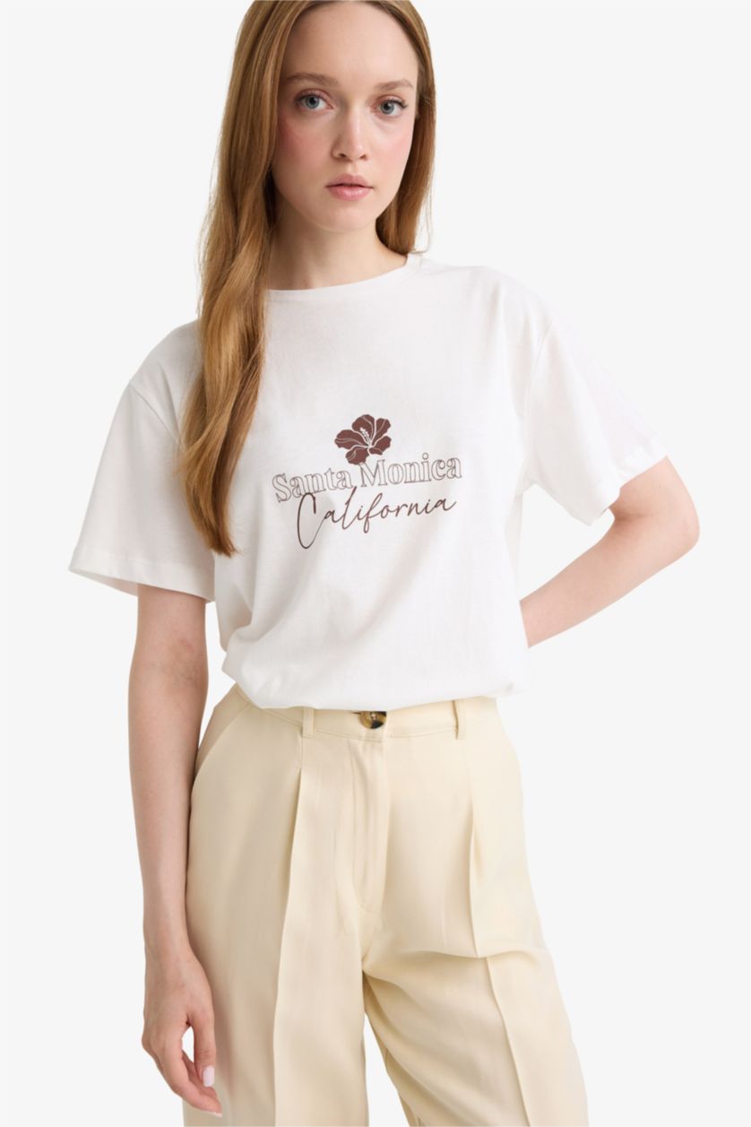 Kadın Ekru Regular Fit Bisiklet Yaka Çiçek Baskılı Kısa Kollu Tişört