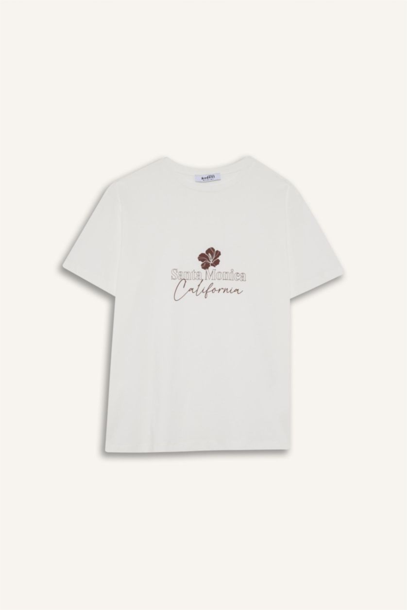 Kadın Ekru Regular Fit Bisiklet Yaka Çiçek Baskılı Kısa Kollu Tişört