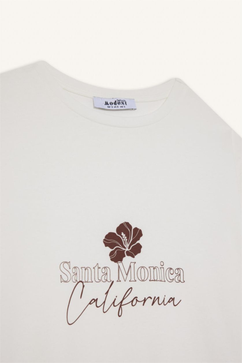 Kadın Ekru Regular Fit Bisiklet Yaka Çiçek Baskılı Kısa Kollu Tişört