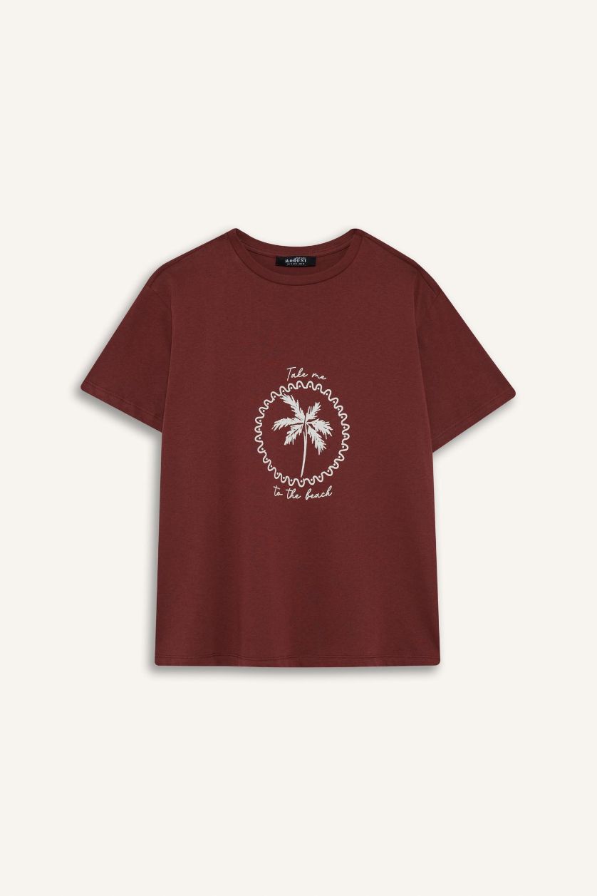 Woman Bordeaux Regular Fit Crew Neck Palm Tree Pattern T-Shirt