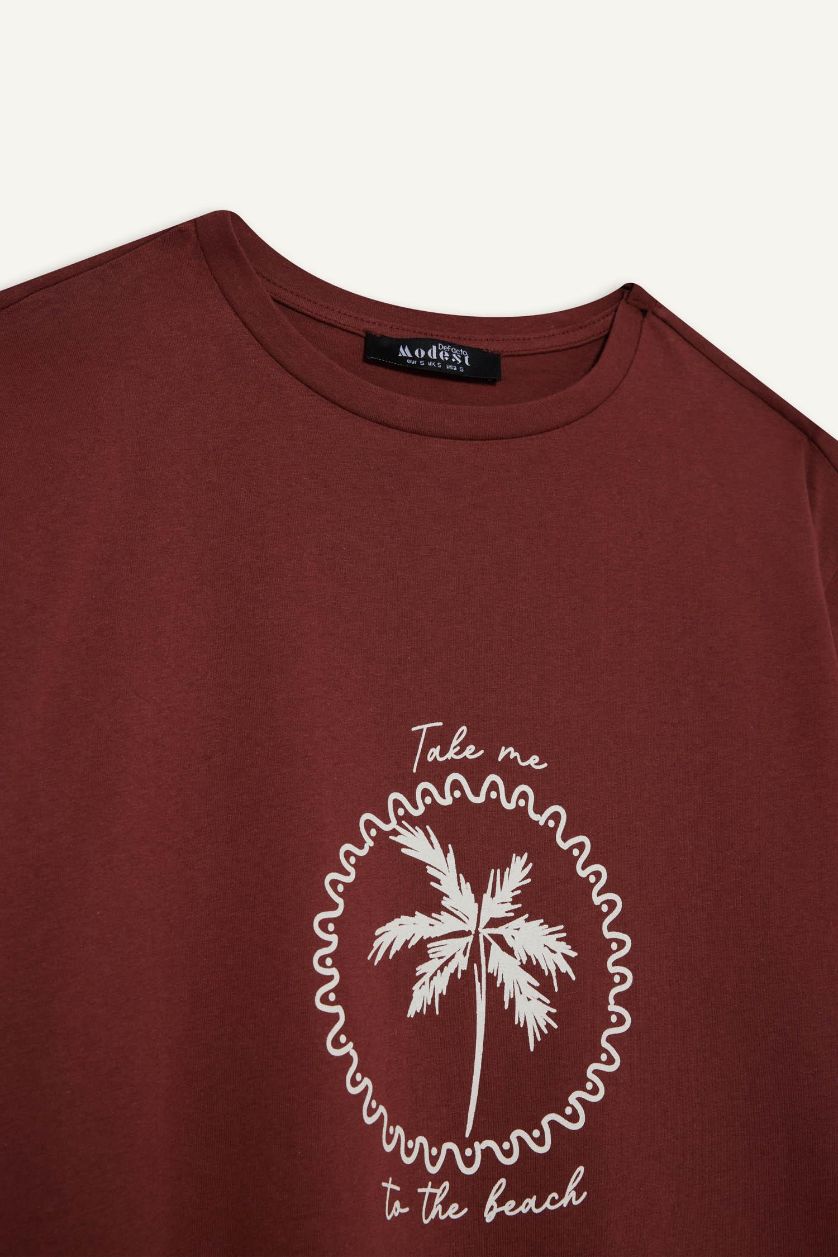 Woman Bordeaux Regular Fit Crew Neck Palm Tree Pattern T-Shirt
