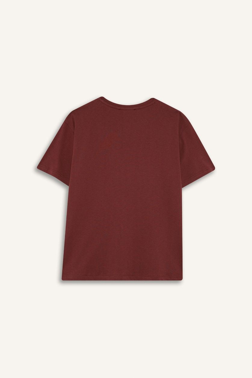 Woman Bordeaux Regular Fit Crew Neck Palm Tree Pattern T-Shirt