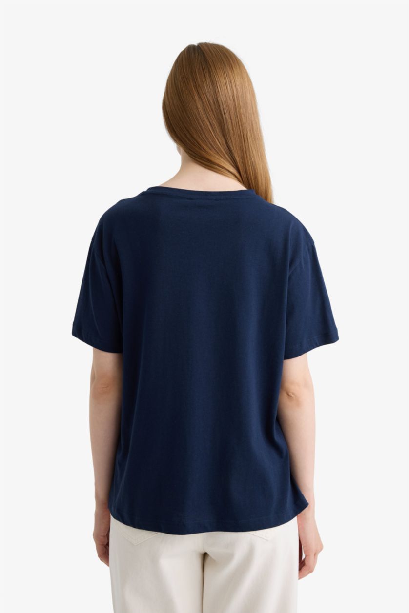 نساء نيلي تيشيرت نص ردن قصة عادية بياخة مستديرة بطبعة أرقام