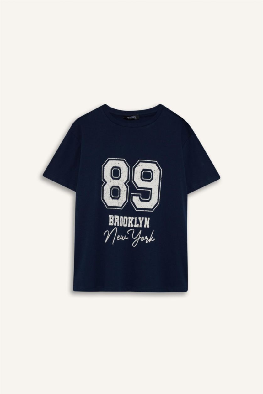 نساء نيلي تيشيرت نص ردن قصة عادية بياخة مستديرة بطبعة أرقام