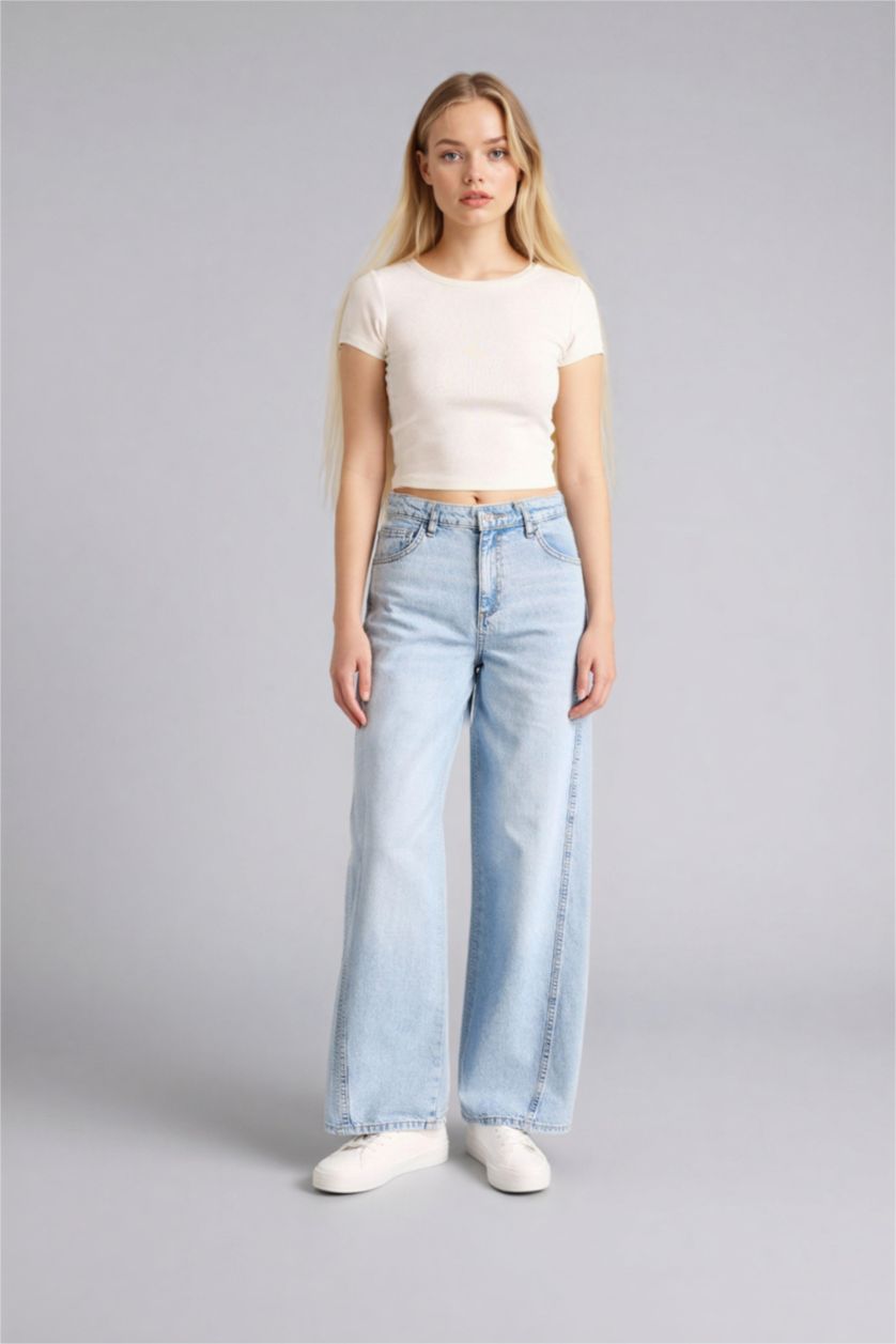 WOMAN Blue Wide Leg Regular Hem Denim Trousers