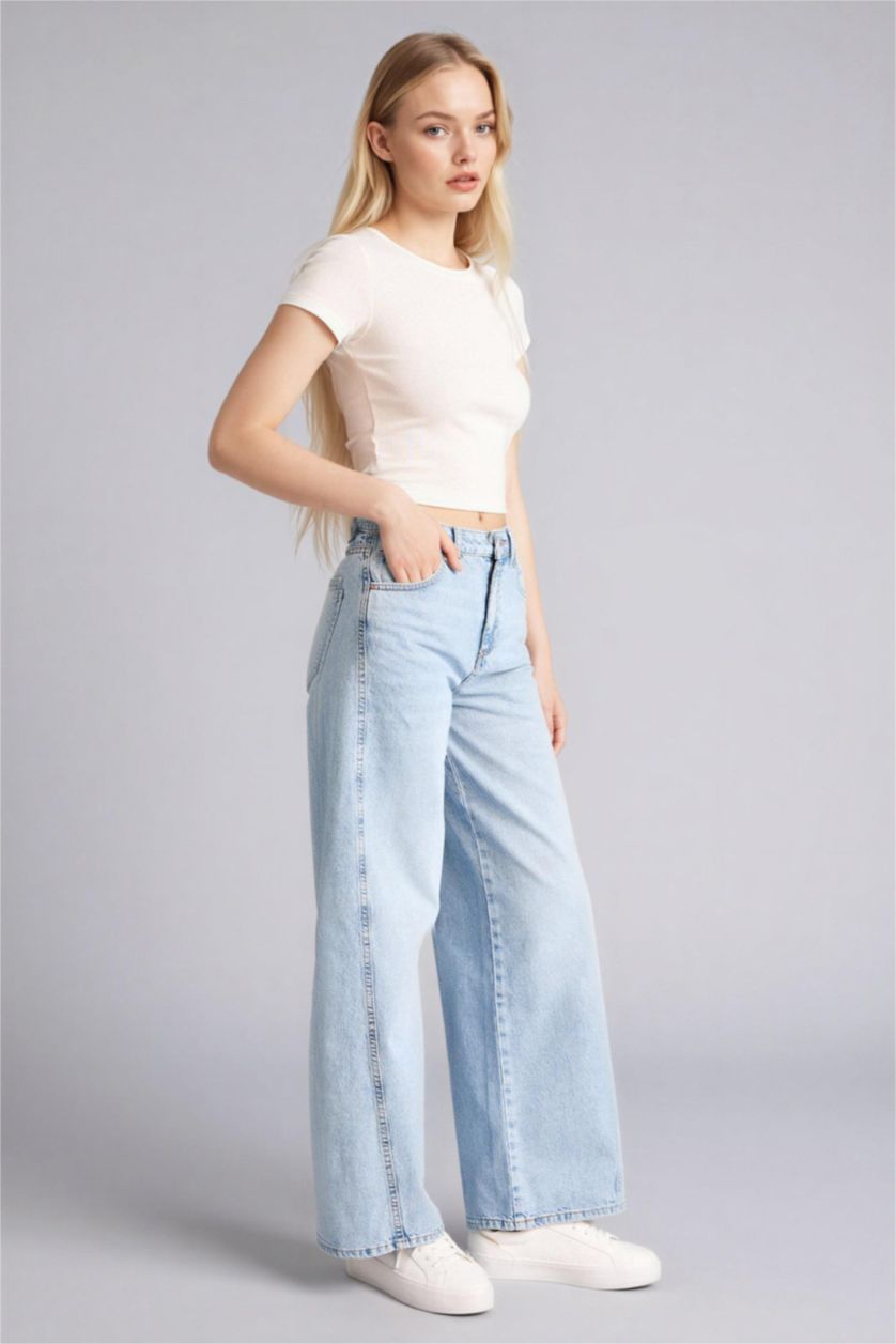Woman Blue Wide Leg Regular Hem Denim Trousers