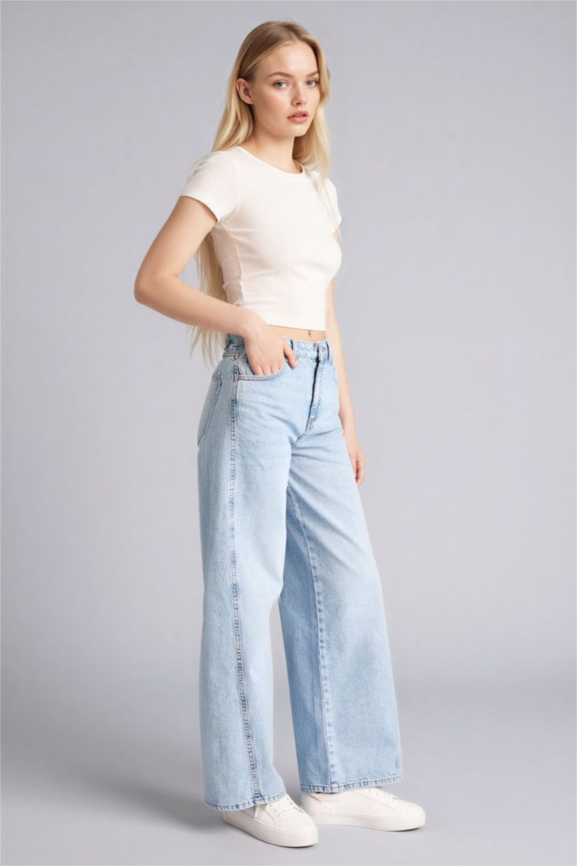 WOMAN Blue Wide Leg Regular Hem Denim Trousers