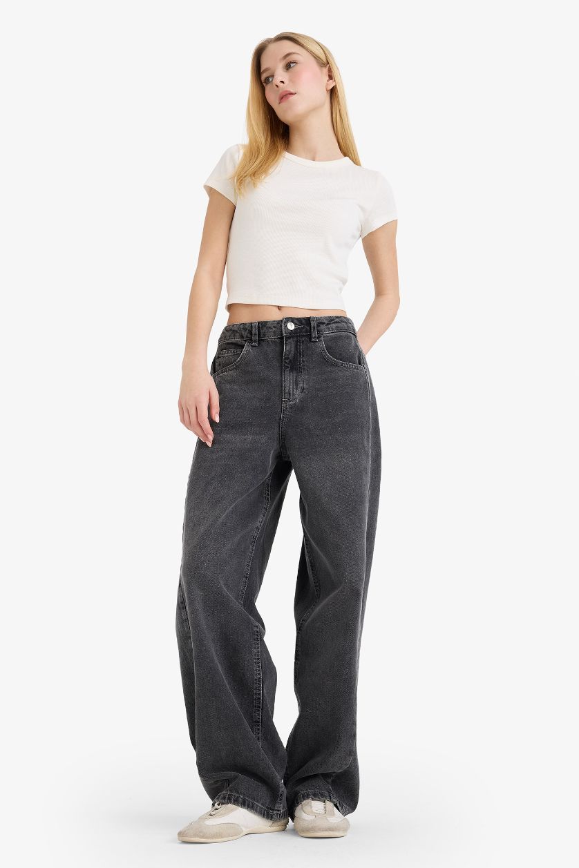 FEMME Anthracite Jean taille haute Coupe baggy