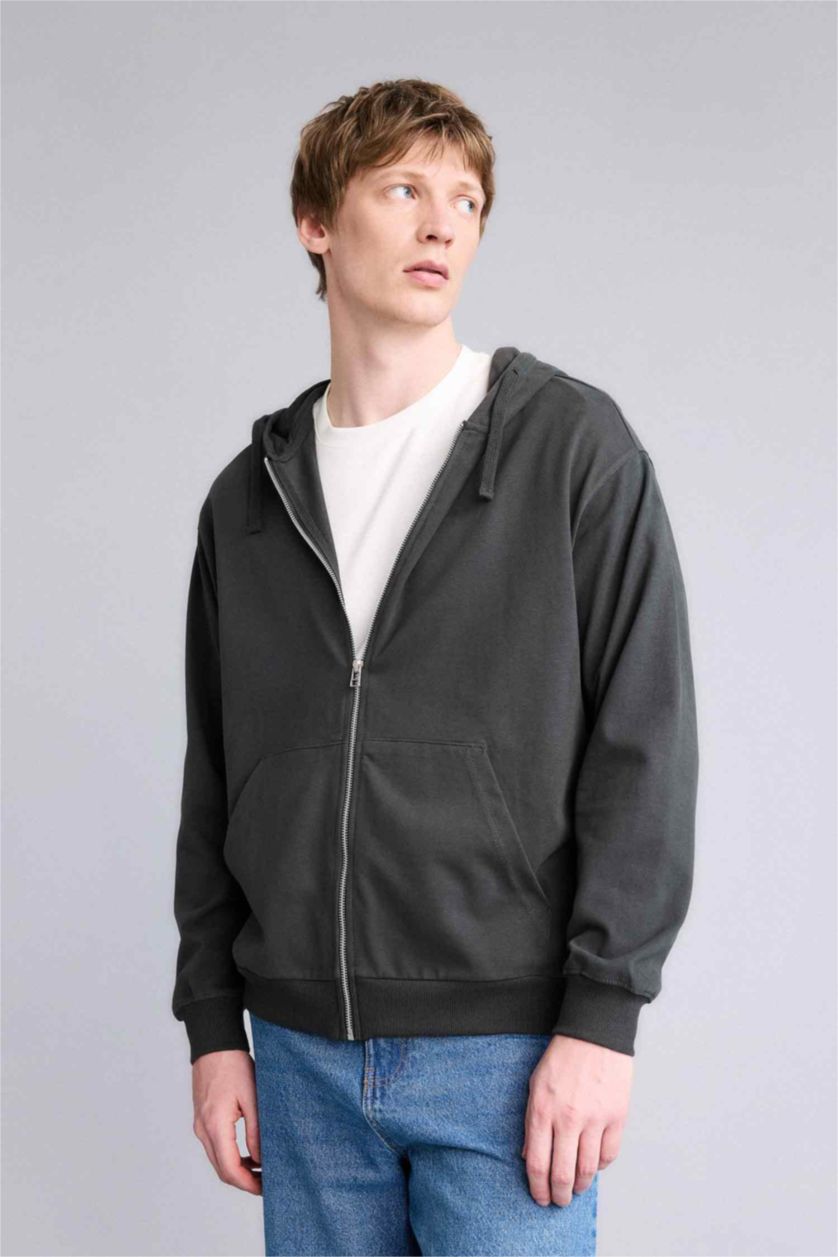 Erkek Antrasit %100 Pamuk Fermuarlı Sweatshirt