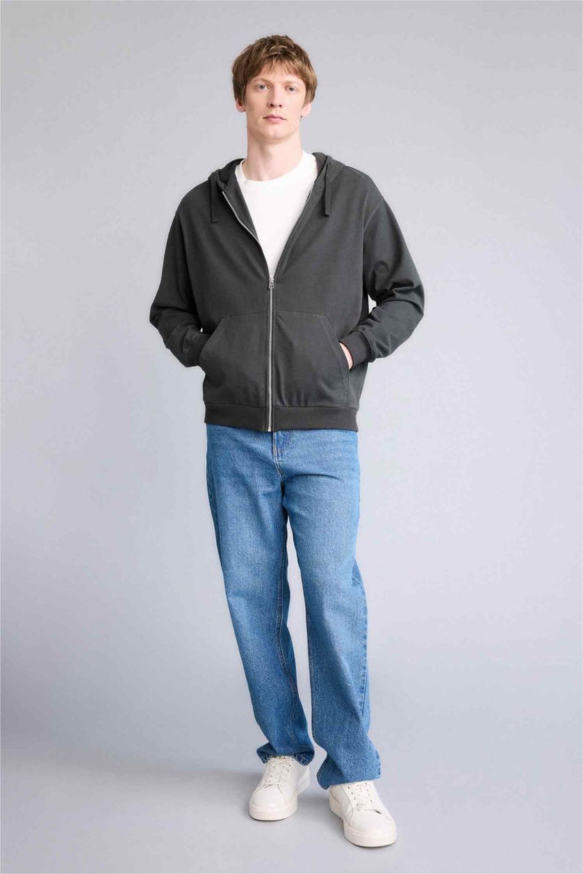 Erkek Antrasit %100 Pamuk Fermuarlı Sweatshirt