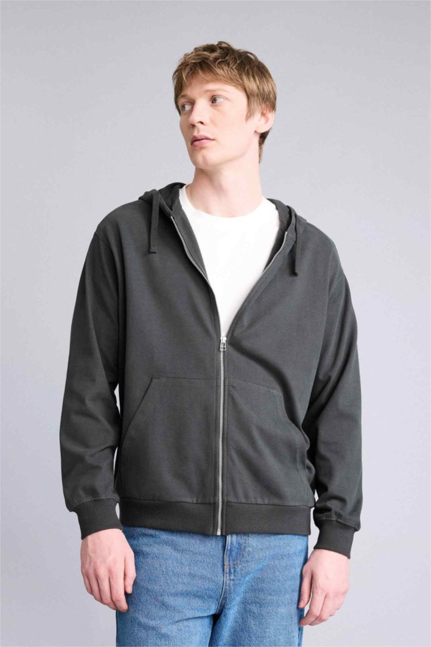 Erkek Antrasit %100 Pamuk Fermuarlı Sweatshirt