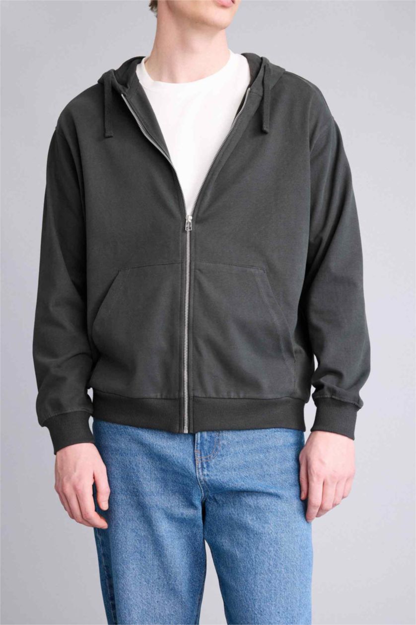 Erkek Antrasit %100 Pamuk Fermuarlı Sweatshirt