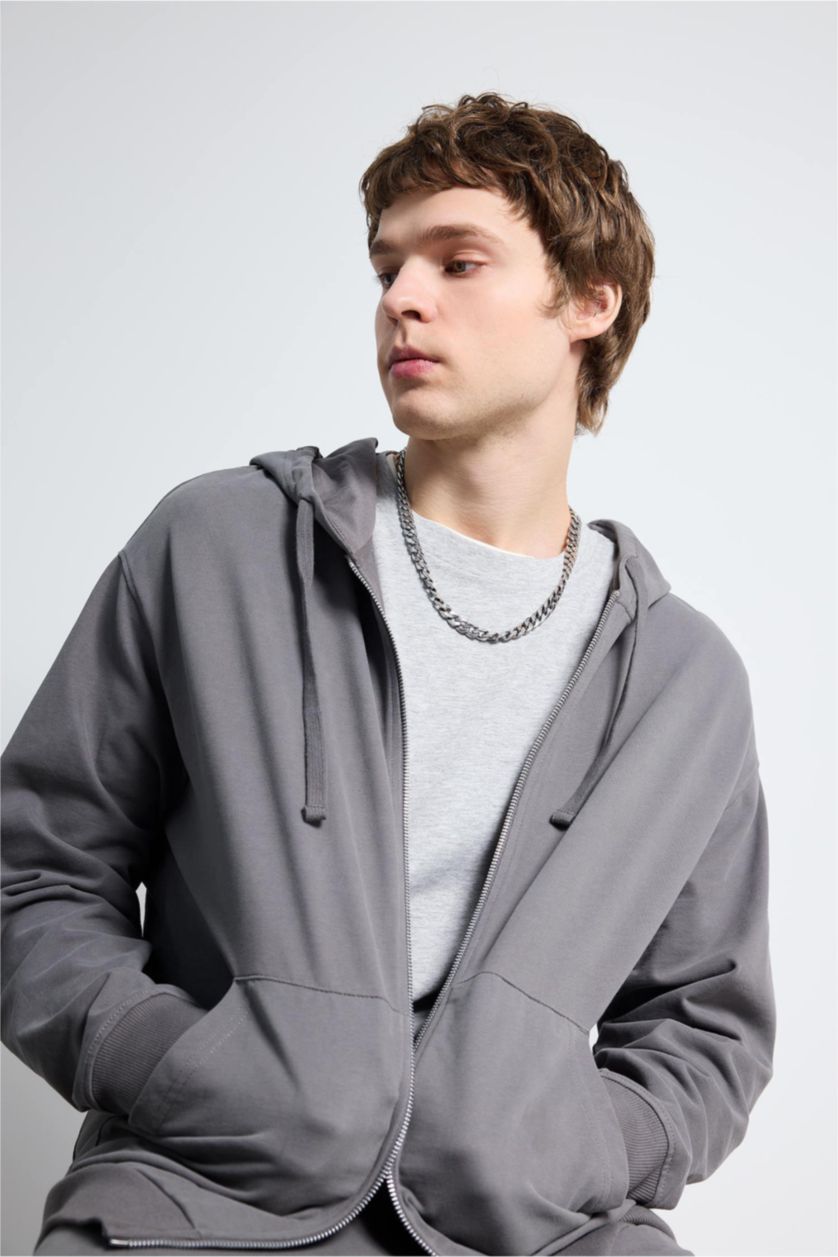 Erkek Gri %100 Pamuk Fermuarlı Sweatshirt