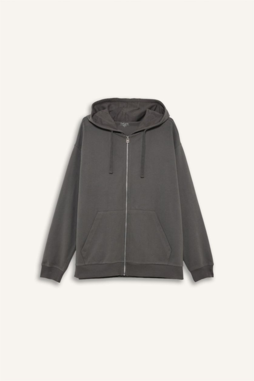 Erkek Gri %100 Pamuk Fermuarlı Sweatshirt