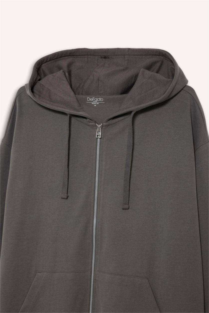 Erkek Gri %100 Pamuk Fermuarlı Sweatshirt