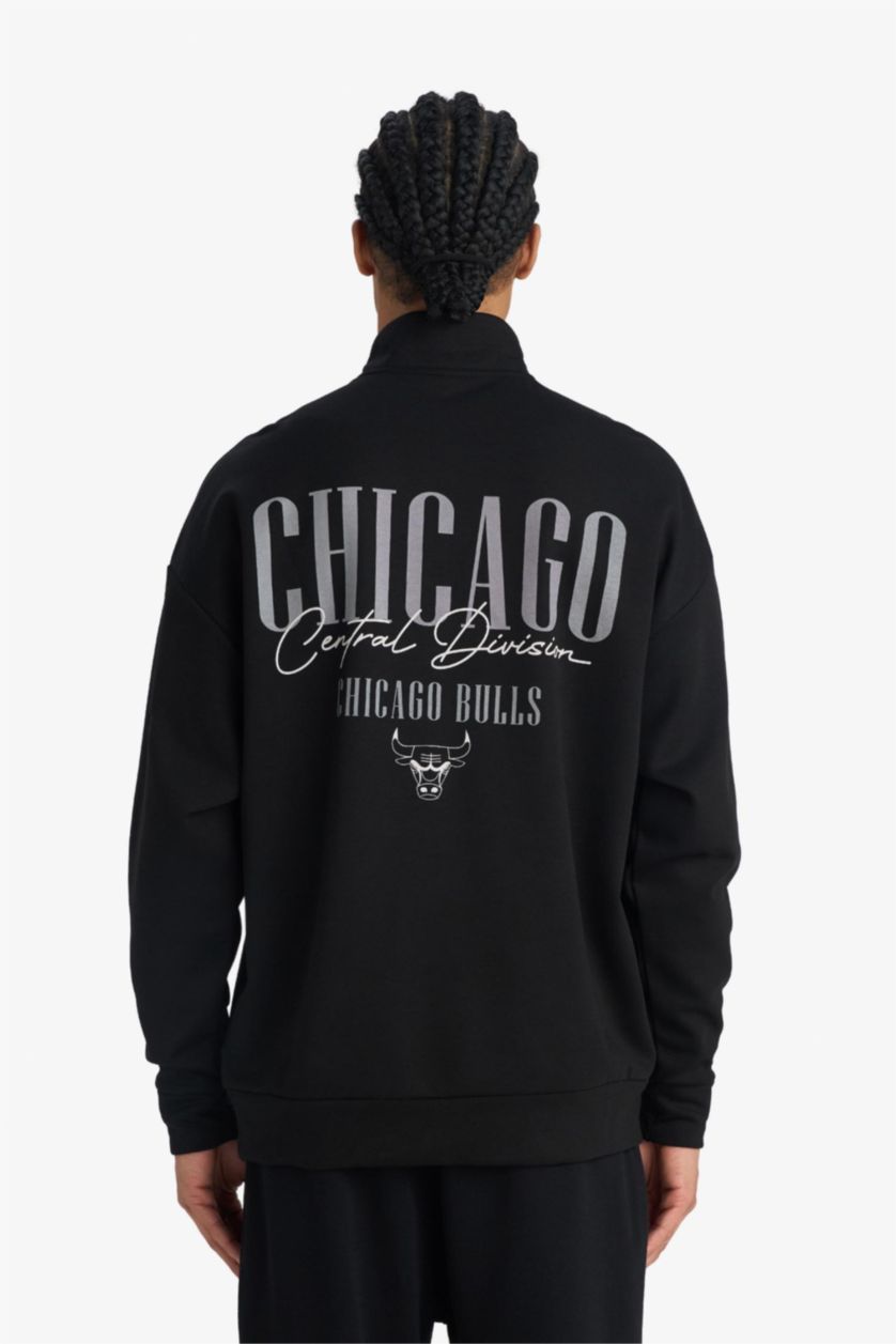 Erkek Siyah NBA Chicago Bulls Oversize Geniş Kalıp Dik Yaka Fermuarlı Sweatshirt
