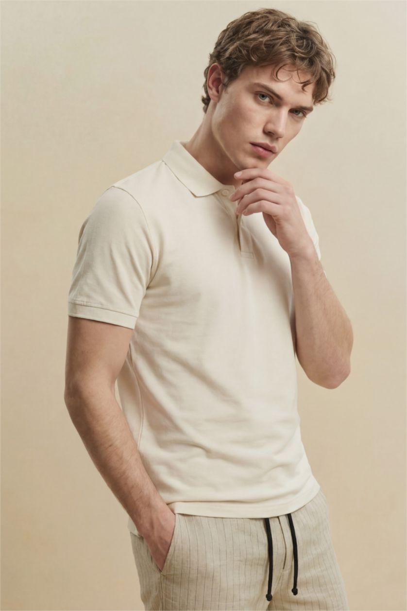 MAN Ecru Slim Fit Short Sleeve Polo T-Shirt