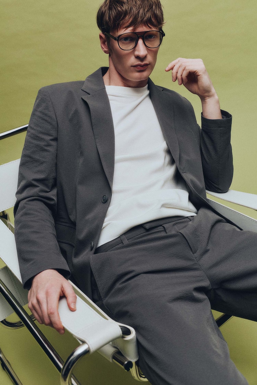 Erkek Gri Modern Fıt Krinkıl Blazer Ceket
