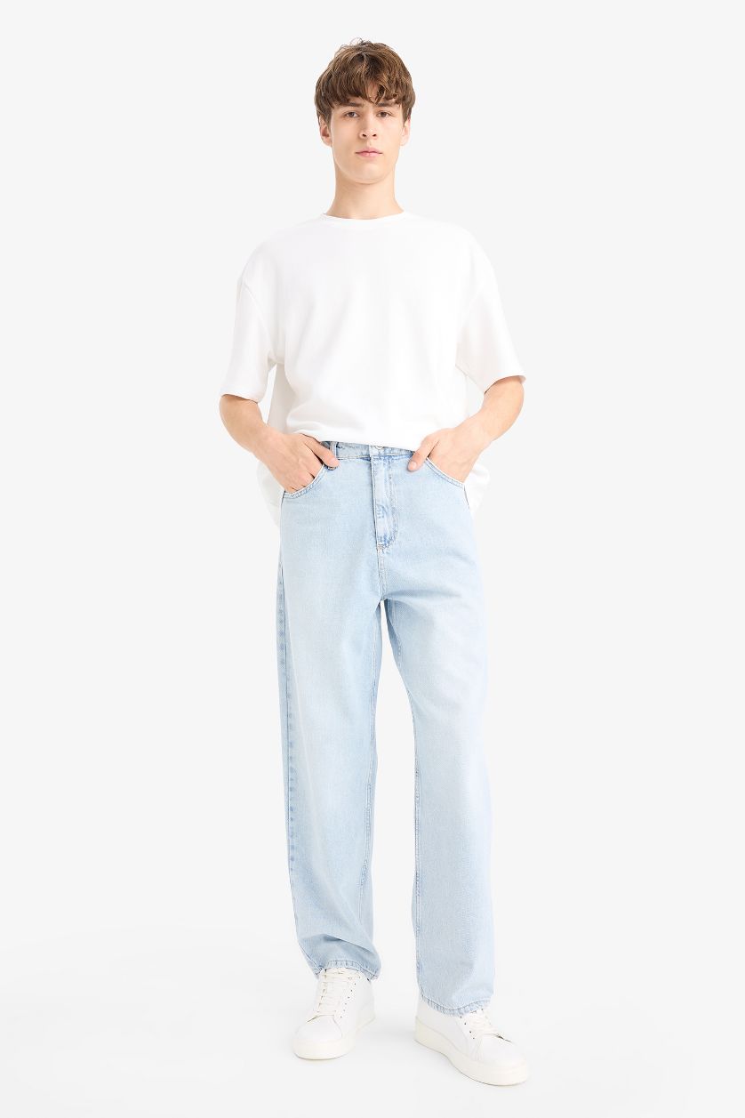 Erkek Açık Mavi Baggy Fit Geniş Kalıp Geniş Paça Jean Yıkamalı Pantolon