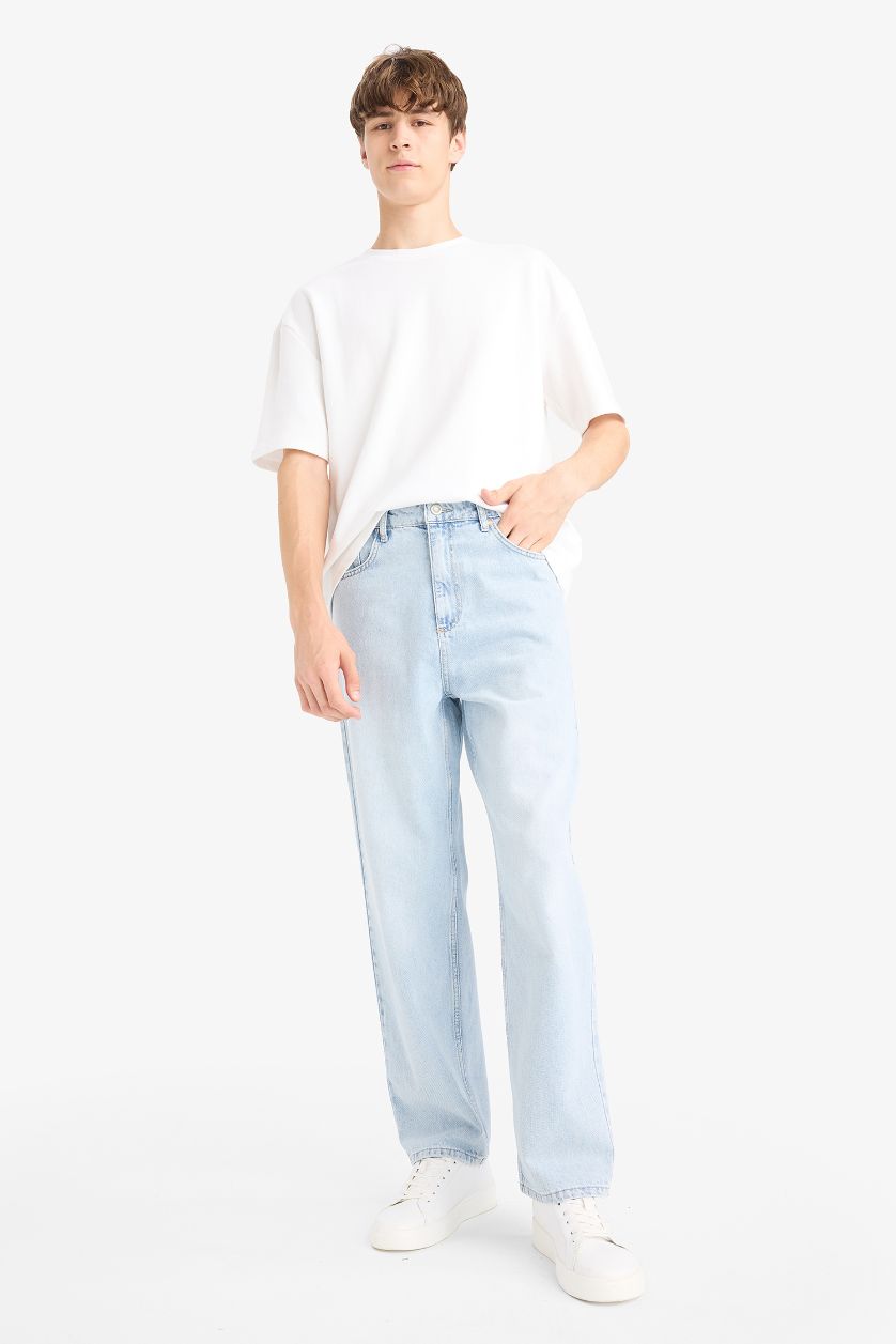 Erkek Açık Mavi Baggy Fit Geniş Kalıp Geniş Paça Jean Yıkamalı Pantolon