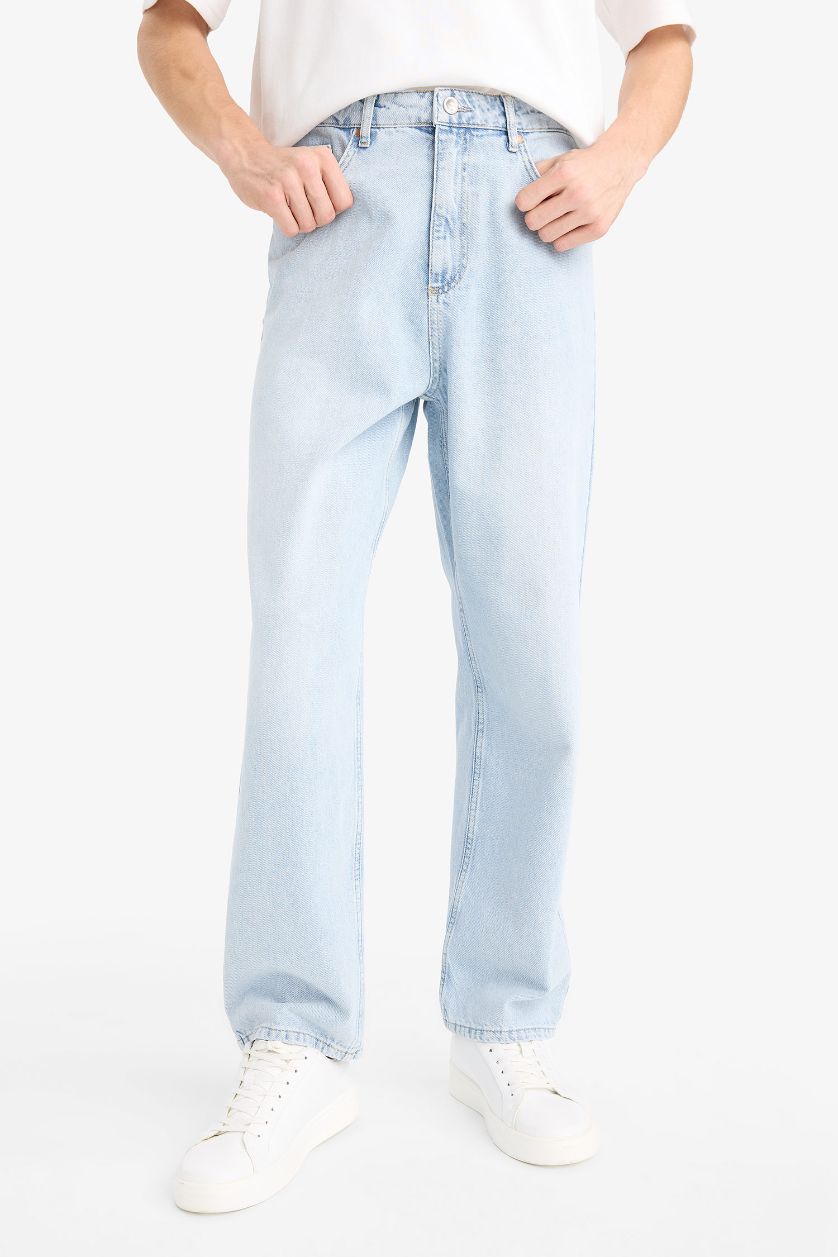 Erkek Açık Mavi Baggy Fit Geniş Kalıp Geniş Paça Jean Yıkamalı Pantolon