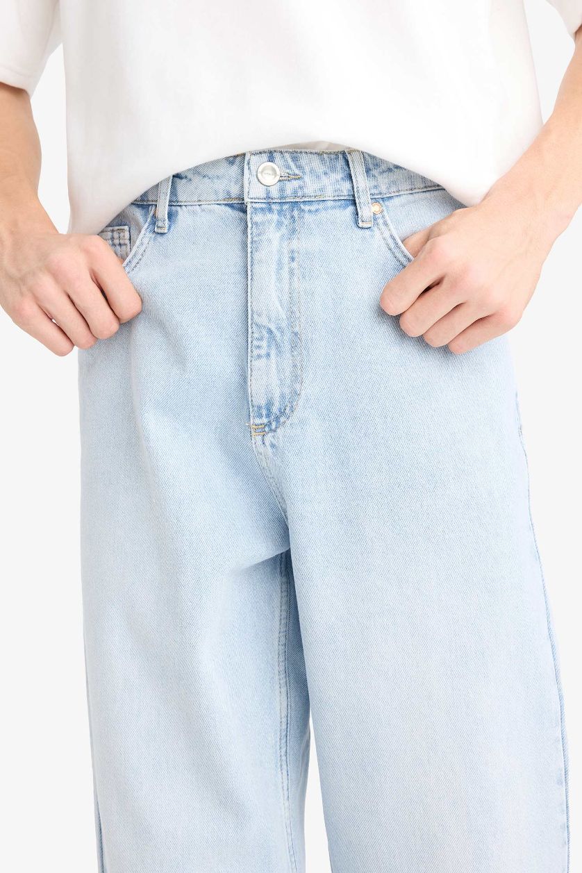 Erkek Açık Mavi Baggy Fit Geniş Kalıp Geniş Paça Jean Yıkamalı Pantolon