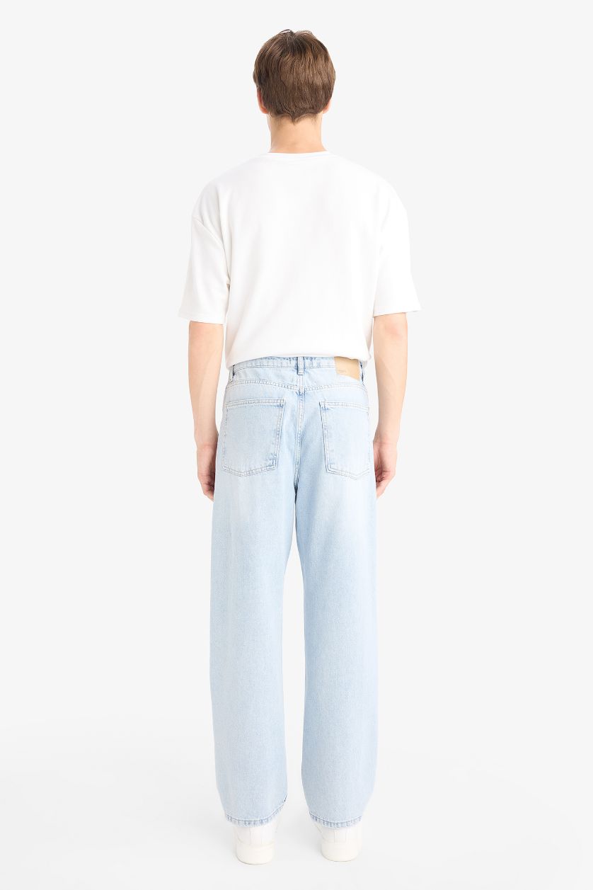 Erkek Açık Mavi Baggy Fit Geniş Kalıp Geniş Paça Jean Yıkamalı Pantolon