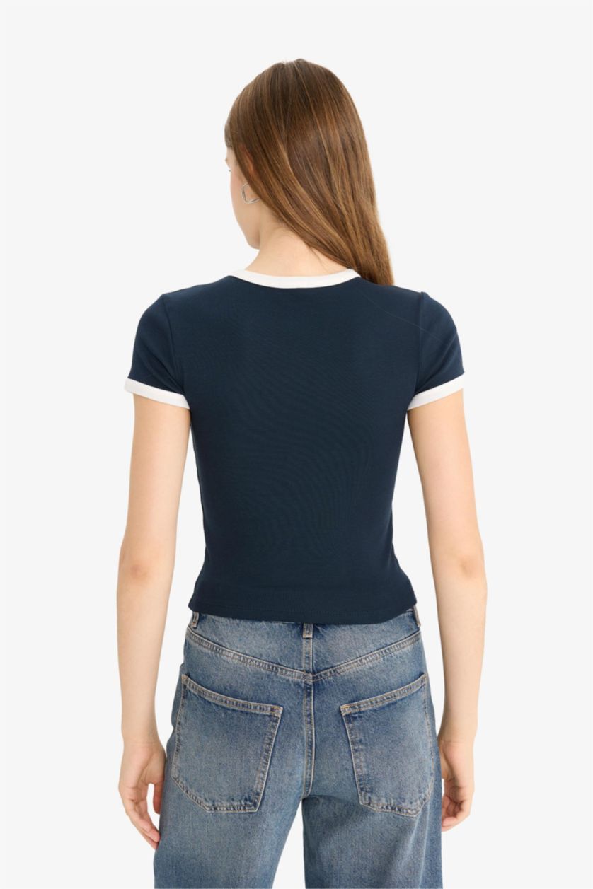 حريمي كحلي تيشيرت نص كم مخصر بياقة مستديرة