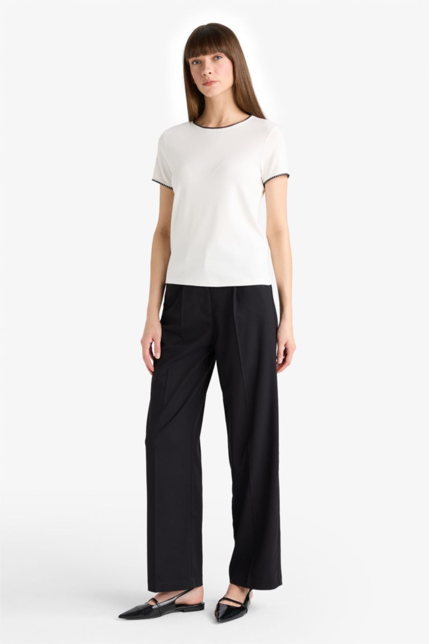 WOMAN Ecru Regular Fit Crew Neck Ribbed T-Shirt