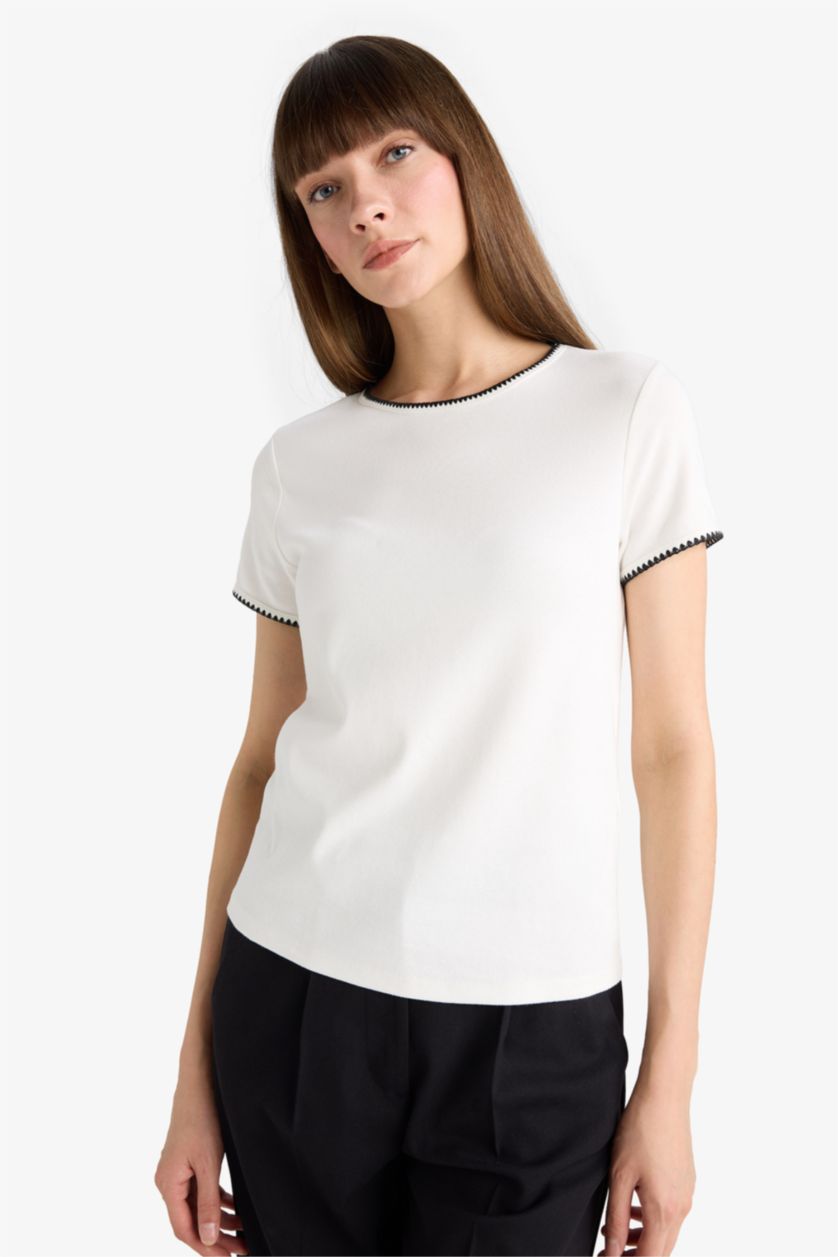 WOMAN Ecru Regular Fit Crew Neck Ribbed T-Shirt