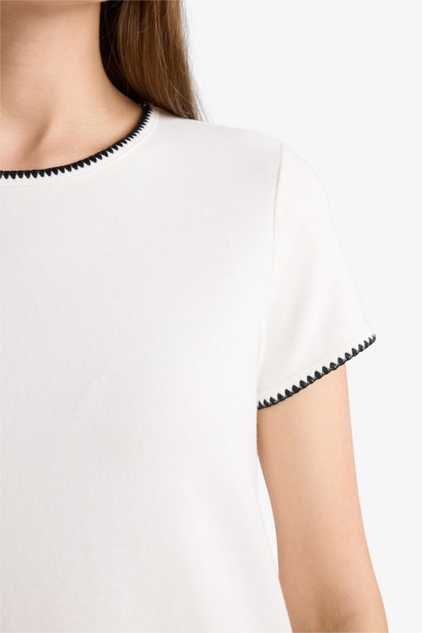 WOMAN Ecru Regular Fit Crew Neck Ribbed T-Shirt