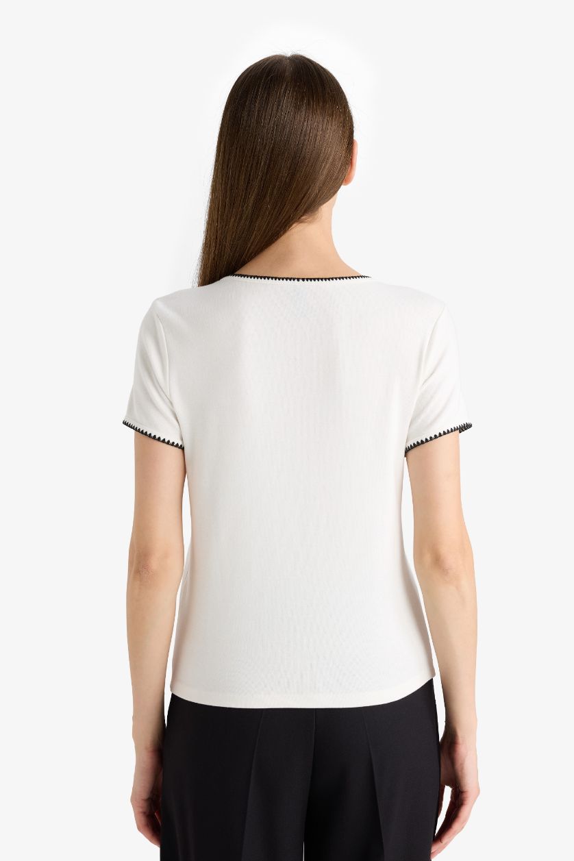 WOMAN Ecru Regular Fit Crew Neck Ribbed T-Shirt