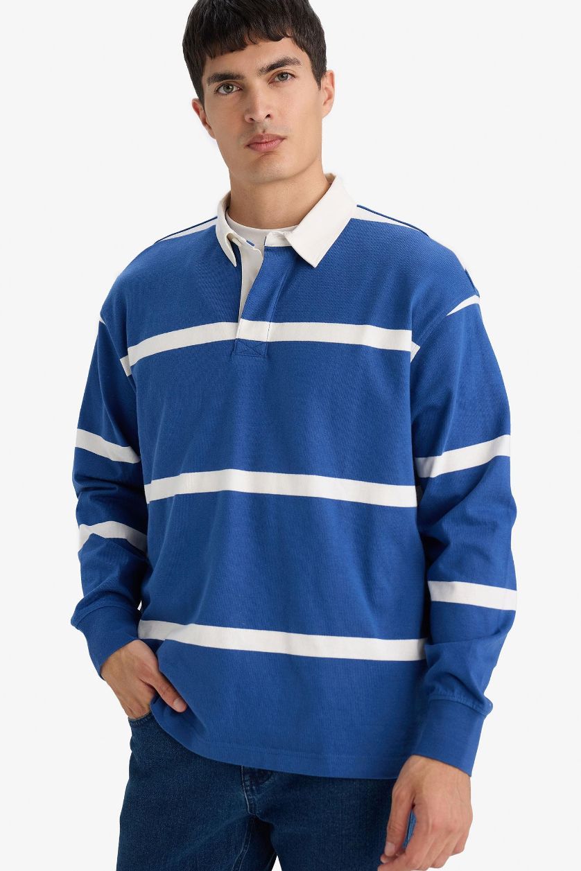 Erkek İndigo %100 Pamuk Çizgili Sweatshirt