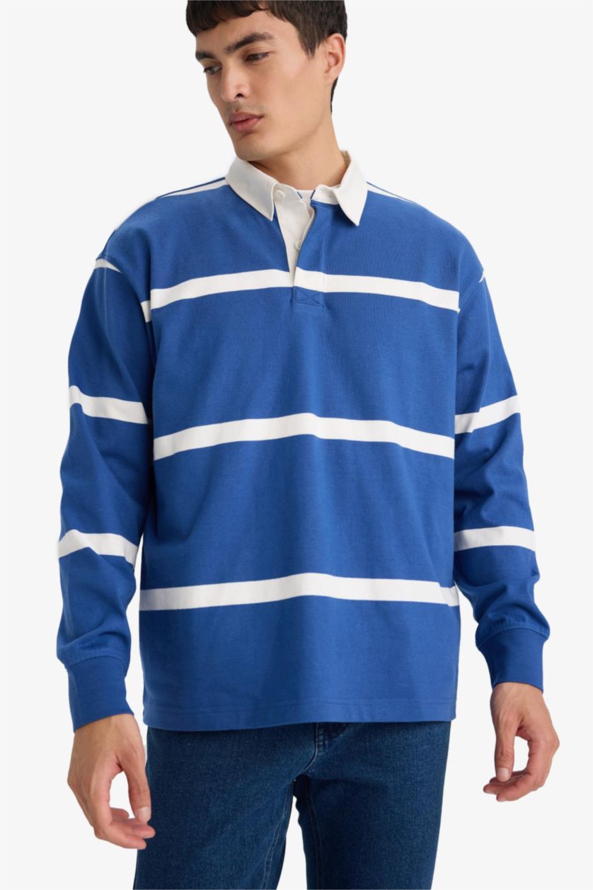 Erkek İndigo %100 Pamuk Çizgili Sweatshirt