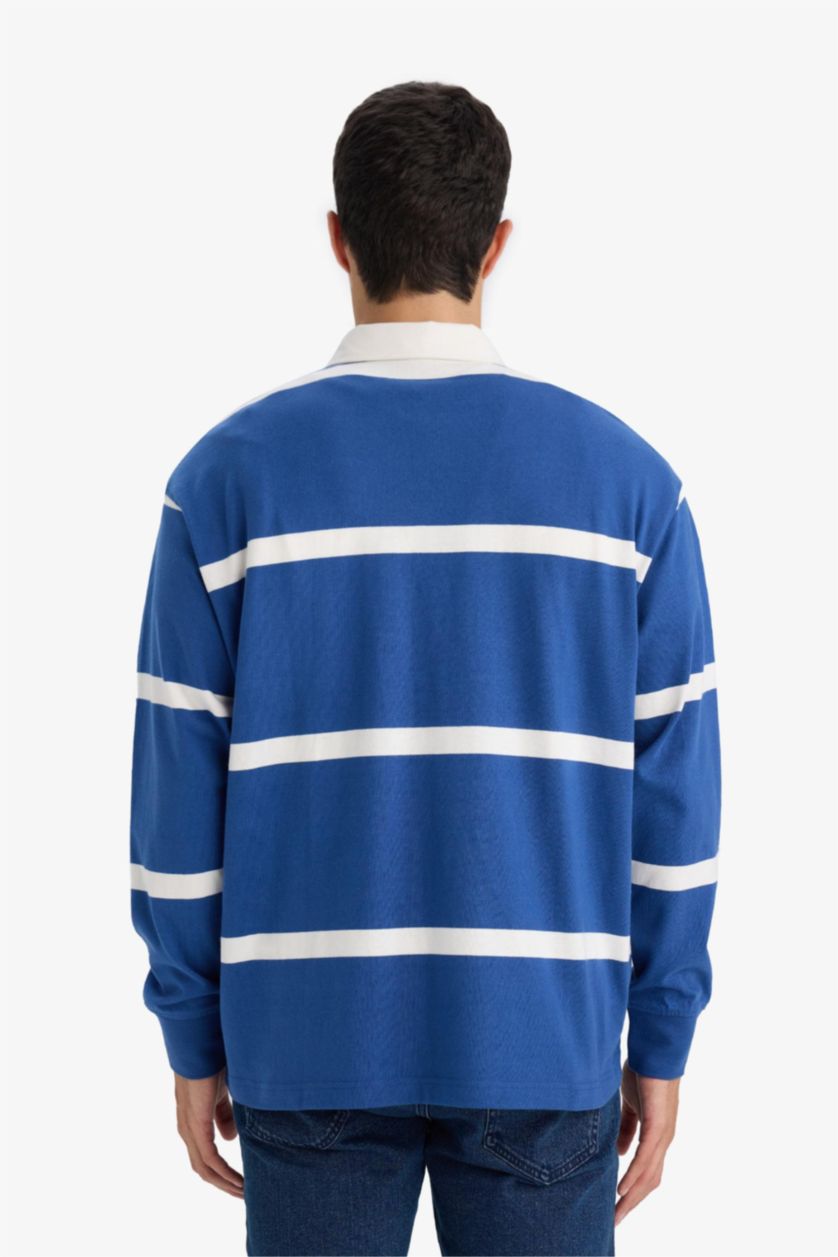 Erkek İndigo %100 Pamuk Çizgili Sweatshirt