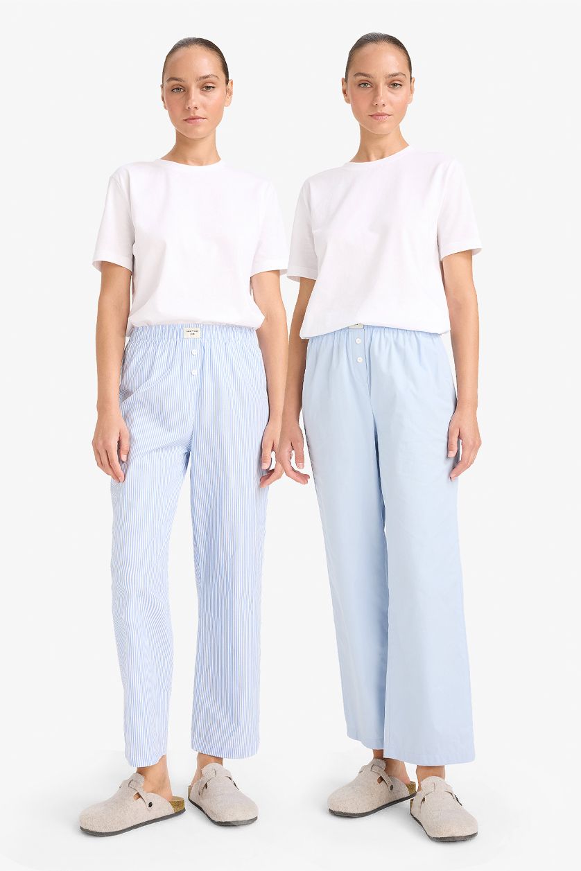 Kadın Mavi Regular Fit 2'li Poplin Uzun Pijama Altı