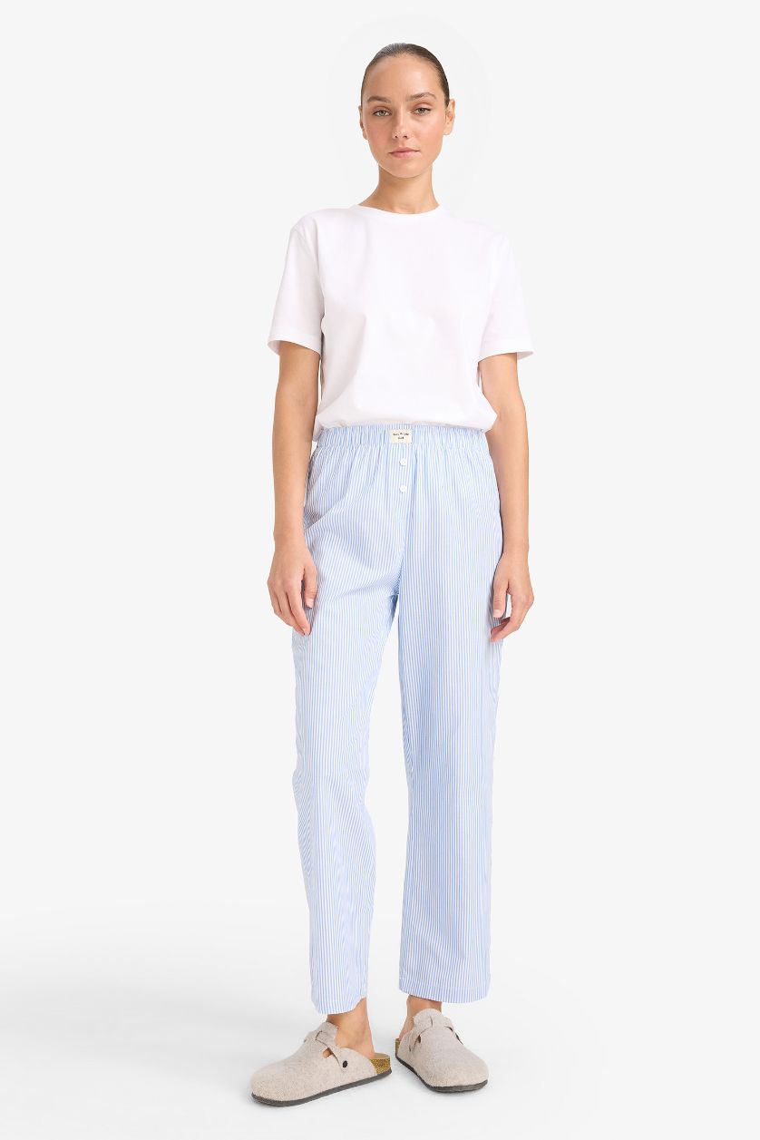 Kadın Mavi Regular Fit 2'li Poplin Uzun Pijama Altı