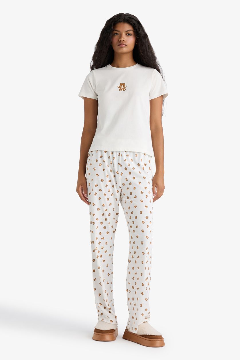 Kadın Ekru Pijama Takımı Regular Fit Baskılı Kısa Kollu Üst Desenli Uzun Alt